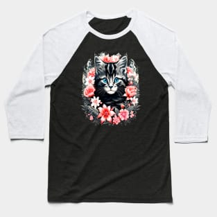 Black and Grey Kitten Surrounded by Spring Flowers Baseball T-Shirt